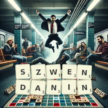 Kreatywna ilustracja do gry w Scrabble ze słowem SZWENDANIN ułożonym z płytek na planszy.