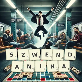 Kreatywna ilustracja do gry w Scrabble ze słowem SZWENDANINA ułożonym z płytek na planszy.