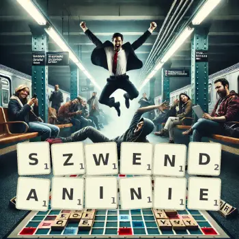 Kreatywna ilustracja do gry w Scrabble ze słowem SZWENDANINIE ułożonym z płytek na planszy.