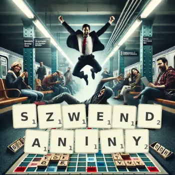 Kreatywna ilustracja do gry w Scrabble ze słowem SZWENDANINY ułożonym z płytek na planszy.