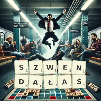 Kreatywna ilustracja do gry w Scrabble ze słowem SZWENDAŁAŚ ułożonym z płytek na planszy.