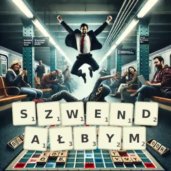 Kreatywna ilustracja do gry w Scrabble ze słowem SZWENDAŁBYM ułożonym z płytek na planszy.