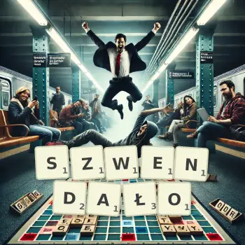 Kreatywna ilustracja do gry w Scrabble ze słowem SZWENDAŁO ułożonym z płytek na planszy.