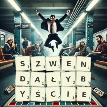 Kreatywna ilustracja do gry w Scrabble ze słowem SZWENDAŁYBYŚCIE ułożonym z płytek na planszy.
