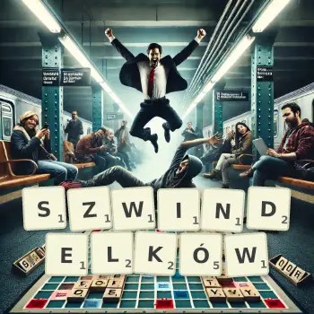 Kreatywna ilustracja do gry w Scrabble ze słowem SZWINDELKÓW ułożonym z płytek na planszy.