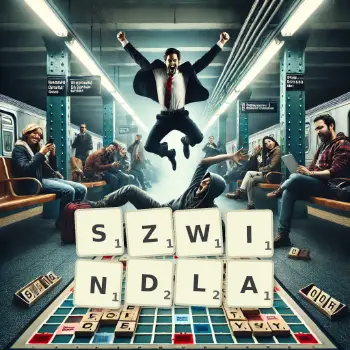 Kreatywna ilustracja do gry w Scrabble ze słowem SZWINDLA ułożonym z płytek na planszy.