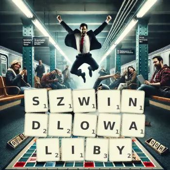 Kreatywna ilustracja do gry w Scrabble ze słowem SZWINDLOWALIBY ułożonym z płytek na planszy.