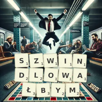 Kreatywna ilustracja do gry w Scrabble ze słowem SZWINDLOWAŁBYM ułożonym z płytek na planszy.
