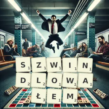 Kreatywna ilustracja do gry w Scrabble ze słowem SZWINDLOWAŁEM ułożonym z płytek na planszy.