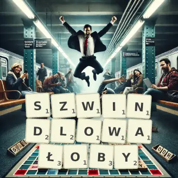 Kreatywna ilustracja do gry w Scrabble ze słowem SZWINDLOWAŁOBY ułożonym z płytek na planszy.