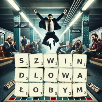 Kreatywna ilustracja do gry w Scrabble ze słowem SZWINDLOWAŁOBYM ułożonym z płytek na planszy.