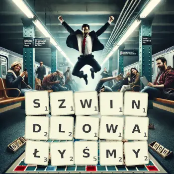 Kreatywna ilustracja do gry w Scrabble ze słowem SZWINDLOWAŁYŚMY ułożonym z płytek na planszy.
