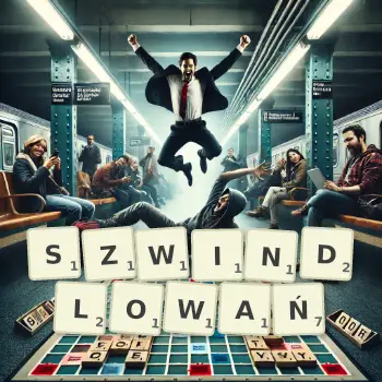 Kreatywna ilustracja do gry w Scrabble ze słowem SZWINDLOWAŃ ułożonym z płytek na planszy.