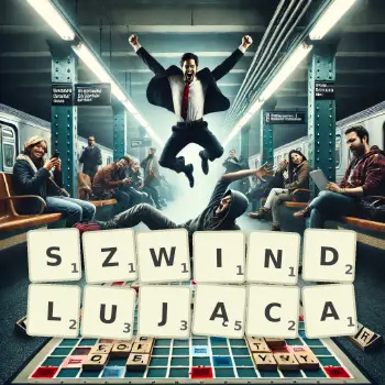 Kreatywna ilustracja do gry w Scrabble ze słowem SZWINDLUJĄCA ułożonym z płytek na planszy.