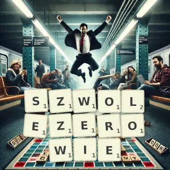 Kreatywna ilustracja do gry w Scrabble ze słowem SZWOLEZEROWIE ułożonym z płytek na planszy.