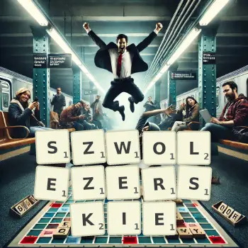 Kreatywna ilustracja do gry w Scrabble ze słowem SZWOLEZERSKIE ułożonym z płytek na planszy.