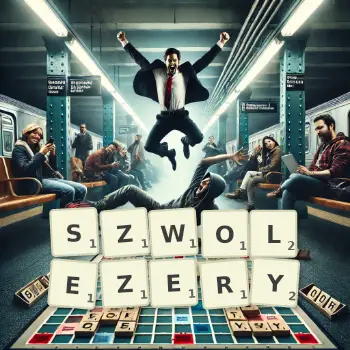 Kreatywna ilustracja do gry w Scrabble ze słowem SZWOLEZERY ułożonym z płytek na planszy.