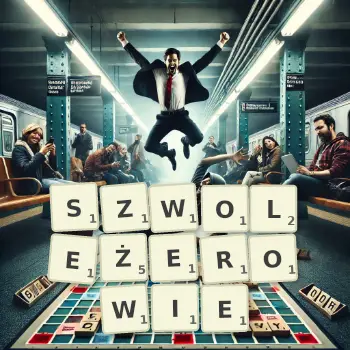 Kreatywna ilustracja do gry w Scrabble ze słowem SZWOLEŻEROWIE ułożonym z płytek na planszy.
