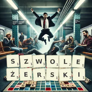 Kreatywna ilustracja do gry w Scrabble ze słowem SZWOLEŻERSKI ułożonym z płytek na planszy.