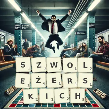 Kreatywna ilustracja do gry w Scrabble ze słowem SZWOLEŻERSKICH ułożonym z płytek na planszy.