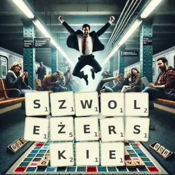 Kreatywna ilustracja do gry w Scrabble ze słowem SZWOLEŻERSKIE ułożonym z płytek na planszy.