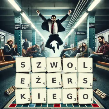 Kreatywna ilustracja do gry w Scrabble ze słowem SZWOLEŻERSKIEGO ułożonym z płytek na planszy.