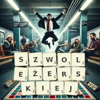 Kreatywna ilustracja do gry w Scrabble ze słowem SZWOLEŻERSKIEJ ułożonym z płytek na planszy.