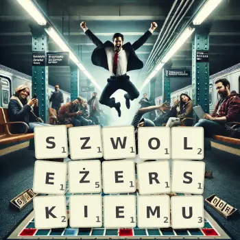 Kreatywna ilustracja do gry w Scrabble ze słowem SZWOLEŻERSKIEMU ułożonym z płytek na planszy.