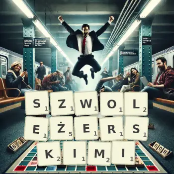 Kreatywna ilustracja do gry w Scrabble ze słowem SZWOLEŻERSKIMI ułożonym z płytek na planszy.