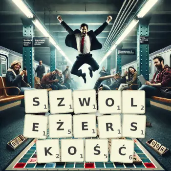 Kreatywna ilustracja do gry w Scrabble ze słowem SZWOLEŻERSKOŚĆ ułożonym z płytek na planszy.