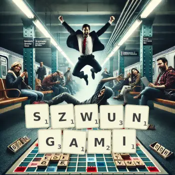 Kreatywna ilustracja do gry w Scrabble ze słowem SZWUNGAMI ułożonym z płytek na planszy.