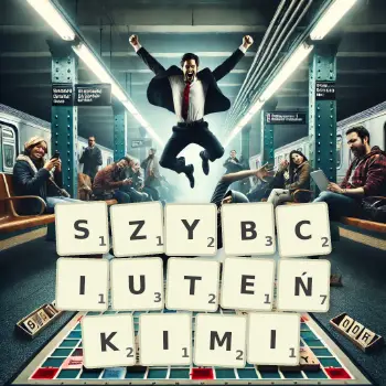 Kreatywna ilustracja do gry w Scrabble ze słowem SZYBCIUTEŃKIMI ułożonym z płytek na planszy.