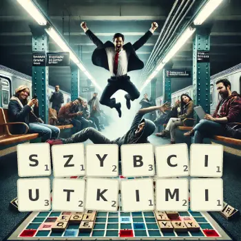 Kreatywna ilustracja do gry w Scrabble ze słowem SZYBCIUTKIMI ułożonym z płytek na planszy.