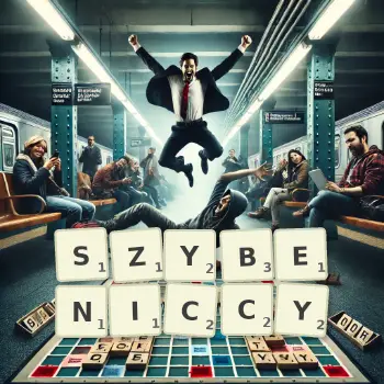 Kreatywna ilustracja do gry w Scrabble ze słowem SZYBENICCY ułożonym z płytek na planszy.