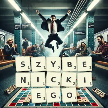 Kreatywna ilustracja do gry w Scrabble ze słowem SZYBENICKIEGO ułożonym z płytek na planszy.