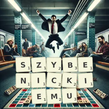 Kreatywna ilustracja do gry w Scrabble ze słowem SZYBENICKIEMU ułożonym z płytek na planszy.