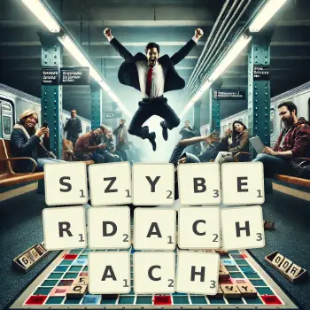 Kreatywna ilustracja do gry w Scrabble ze słowem SZYBERDACHACH ułożonym z płytek na planszy.