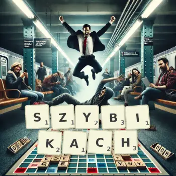 Kreatywna ilustracja do gry w Scrabble ze słowem SZYBIKACH ułożonym z płytek na planszy.