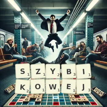 Kreatywna ilustracja do gry w Scrabble ze słowem SZYBIKOWEJ ułożonym z płytek na planszy.