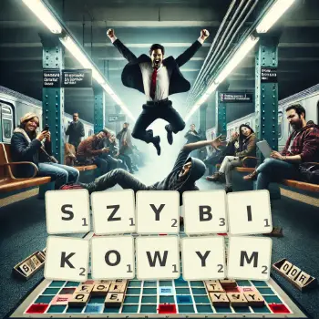 Kreatywna ilustracja do gry w Scrabble ze słowem SZYBIKOWYM ułożonym z płytek na planszy.