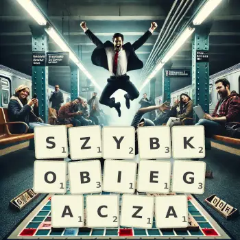 Kreatywna ilustracja do gry w Scrabble ze słowem SZYBKOBIEGACZA ułożonym z płytek na planszy.