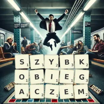 Kreatywna ilustracja do gry w Scrabble ze słowem SZYBKOBIEGACZEM ułożonym z płytek na planszy.