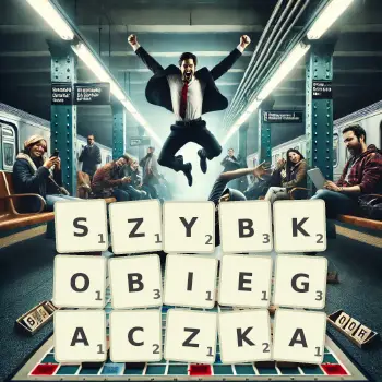 Kreatywna ilustracja do gry w Scrabble ze słowem SZYBKOBIEGACZKA ułożonym z płytek na planszy.