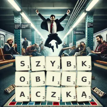 Kreatywna ilustracja do gry w Scrabble ze słowem SZYBKOBIEGACZKĄ ułożonym z płytek na planszy.