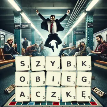 Kreatywna ilustracja do gry w Scrabble ze słowem SZYBKOBIEGACZKĘ ułożonym z płytek na planszy.
