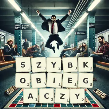 Kreatywna ilustracja do gry w Scrabble ze słowem SZYBKOBIEGACZY ułożonym z płytek na planszy.