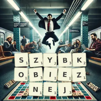 Kreatywna ilustracja do gry w Scrabble ze słowem SZYBKOBIEZNEJ ułożonym z płytek na planszy.