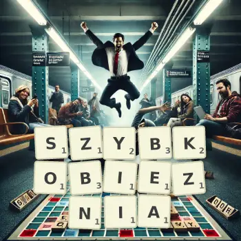 Kreatywna ilustracja do gry w Scrabble ze słowem SZYBKOBIEZNIA ułożonym z płytek na planszy.