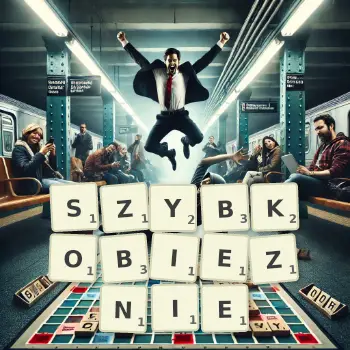Kreatywna ilustracja do gry w Scrabble ze słowem SZYBKOBIEZNIE ułożonym z płytek na planszy.