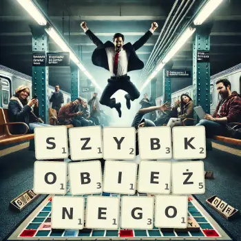 Kreatywna ilustracja do gry w Scrabble ze słowem SZYBKOBIEŻNEGO ułożonym z płytek na planszy.